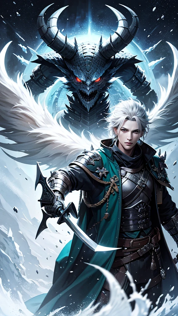 a warrior with 3 swords on his back, an axe in his hand, winter outfit, demon mask, winter background with dragons and beasts, professional detailed anime style, blue, white, black, gray, green colors