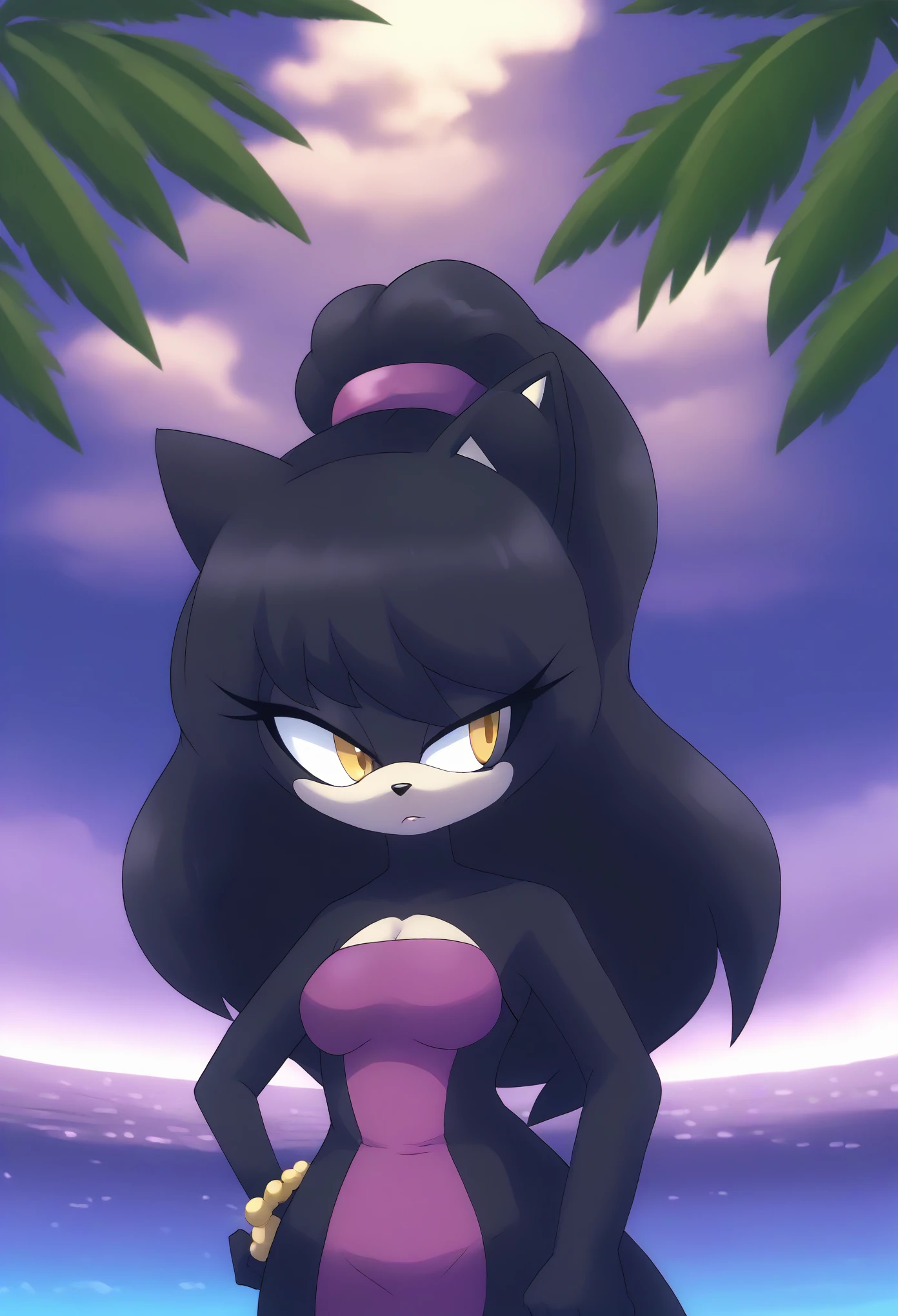 (Blake Belladonna as a Mobian cat), Female cat, (great detail), (tropical background), 1girl, solo, black hair, black fur, amber colored eyes, long hair, bangs, white tailcoat, dusk, cloud, (1girl), (solo), outdoors, tree, expressionless, hand on hip, arm at side, looking to the side, medium breasts, upper body, fringe_trim, standing, eyelashes, daytime, mobian, Mobius city
