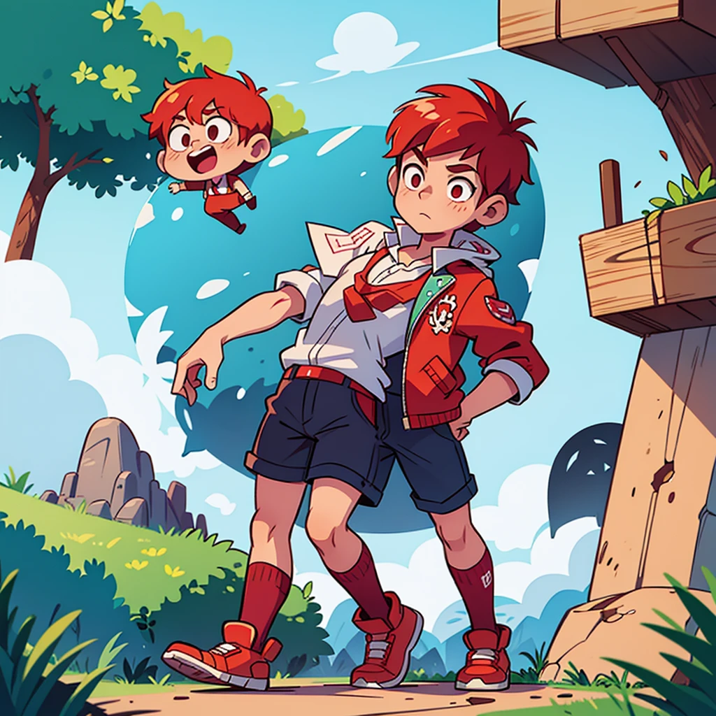 Character design illustration of a boy with red hair, age 5 years, wue likes geography school material, He has the personality of an explorer and his dream is to be an archaeologist 