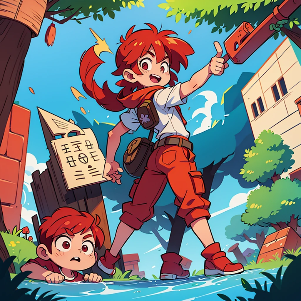 Character design illustration of a boy with red hair, age 5 years, wue likes geography school material, He has the personality of an explorer and his dream is to be an archaeologist