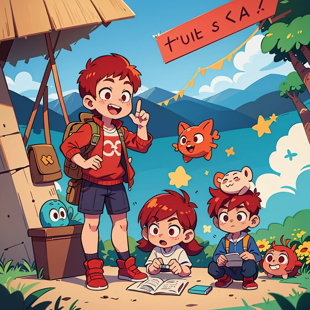 Character design illustration of a boy with red hair,  5 yeaue likes geography school material, He has the personality of an explorer and his dream is to be an archaeologist 