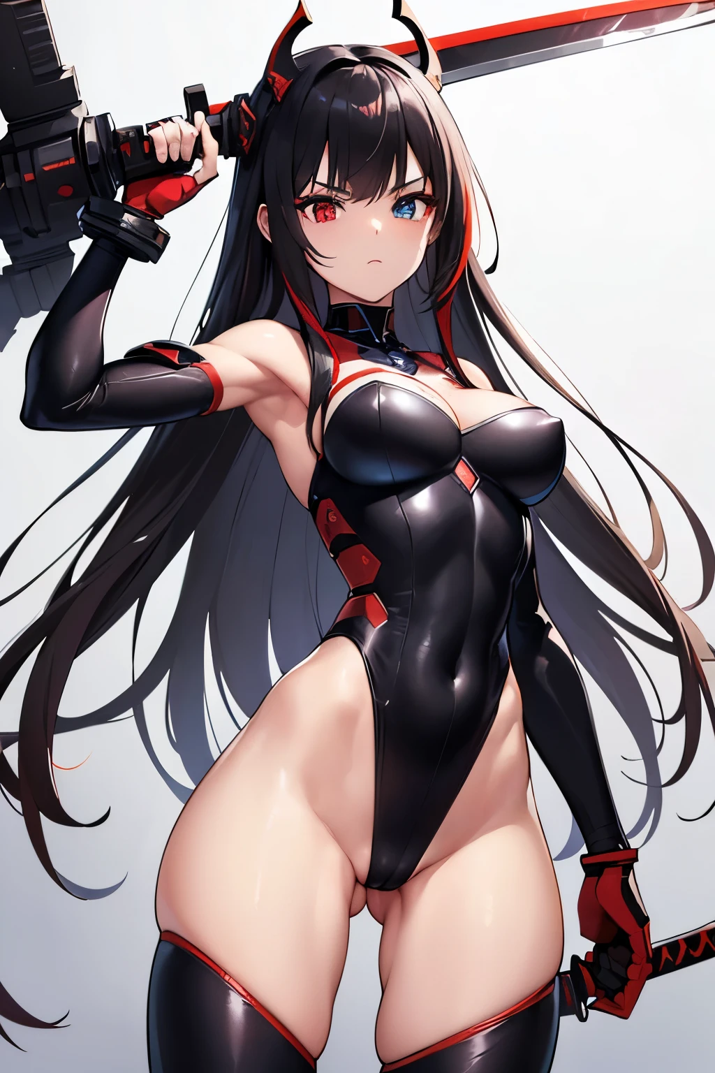 (Best quality), (high detail), masterpiece, anime, woman, (black hair:1.1), (hair with red and white highlights:1.2), (very long hair), (heterochromia eyes:1.2) (red eyes), (grey eyes), muscular, (athletic body), (cyborg body:1.2), (cyborg arms:1.2), (cyborg legs:1.2), (highcut leotard), (red black outift:1.2), (ninja-style jacket:1.1), (headgear:1.1), (horn-like devices:1.1), (toned body), (holding sword:1.2), (detaield katana:1.2), (glowing blade:1.1), beautiful, sexy, first rate body, (Lucia Crimson Weave:1.1), (cybernetic:1.1), (detailed face and eyes:1.2), (perfect anatomy), (round breasts), (bubble butt), (wide hips:1.1), (slim waist:1.1), (thick thighs:1.1), (detailed background), (perfect nails:1.1), (detailed hand and finger:1.2), (medium breasts:1.2), (busty), (deep cleavage:1.2), (labia outline:1.3), (hard teat:1.3).