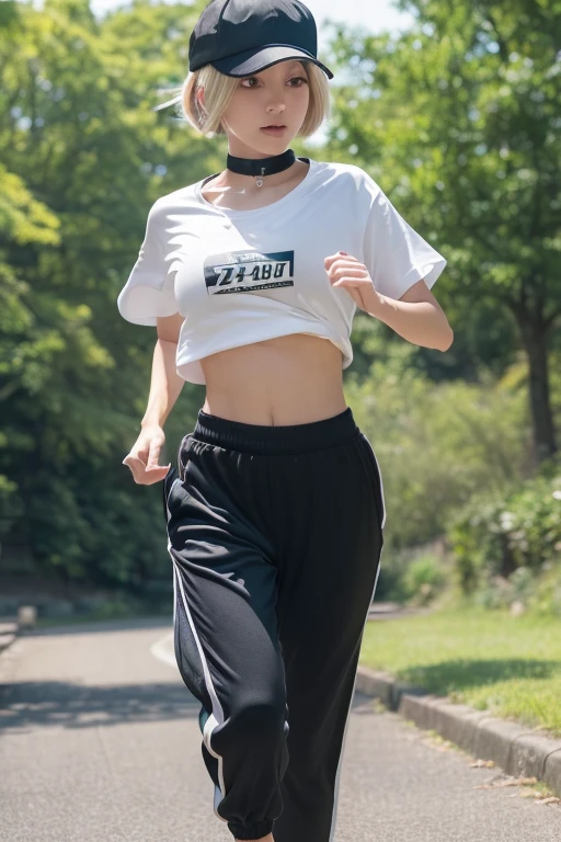 (Highest quality, 4K, 8k, High resolution, masterpiece:1.2), Very detailed, (Realistic, photoRealistic, photo-Realistic:1.37),Bedroom、Japanese、Big Breasts,(Black choker),(Dull blonde pixie cut)、Girl jogging、Jogger Cap、(Shirt color:Random),(Cap Color:Random),(Pants color:Random)