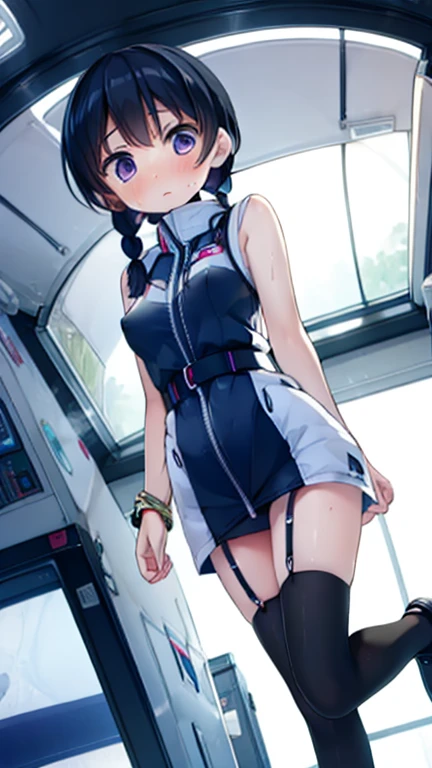(Highest quality), (masterpiece), 1080P, High resolution, 4K, 8k, Inside the space station、Futuristic room、Thigh straps, Shooting from directly below, The woman on top of me, Nipples, 白いSweat, Covered , Sweat, Woman looking down, Skirt swimsuit, Thigh-high socks, To achieve this, , , whole body, Black leather shoes, Braided hair, Inner Color, Embarrassed face, Short black hair, bracelet, Bedroom,celestial body_Vest