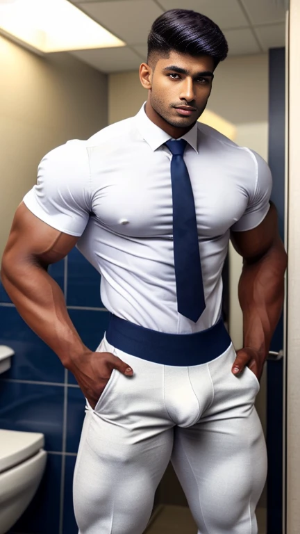 18 years old indian school boy with small beard mascular dark skin jaat with spiky hairstyle in , head to thighs, indian school boy, beautiful eyes, large lips, volumeric light, wearing opened white shirt with Tommy Hilfiger underwear with navy tie , huge bulge, muscular chest, long legs, Wide shoulders, nice detailed hands, standing and doing pee in school toilet with spread legs toilet background, sunny day, daylight, His perfect( big huge bulge) is (coming out) of his pant,masterpieces