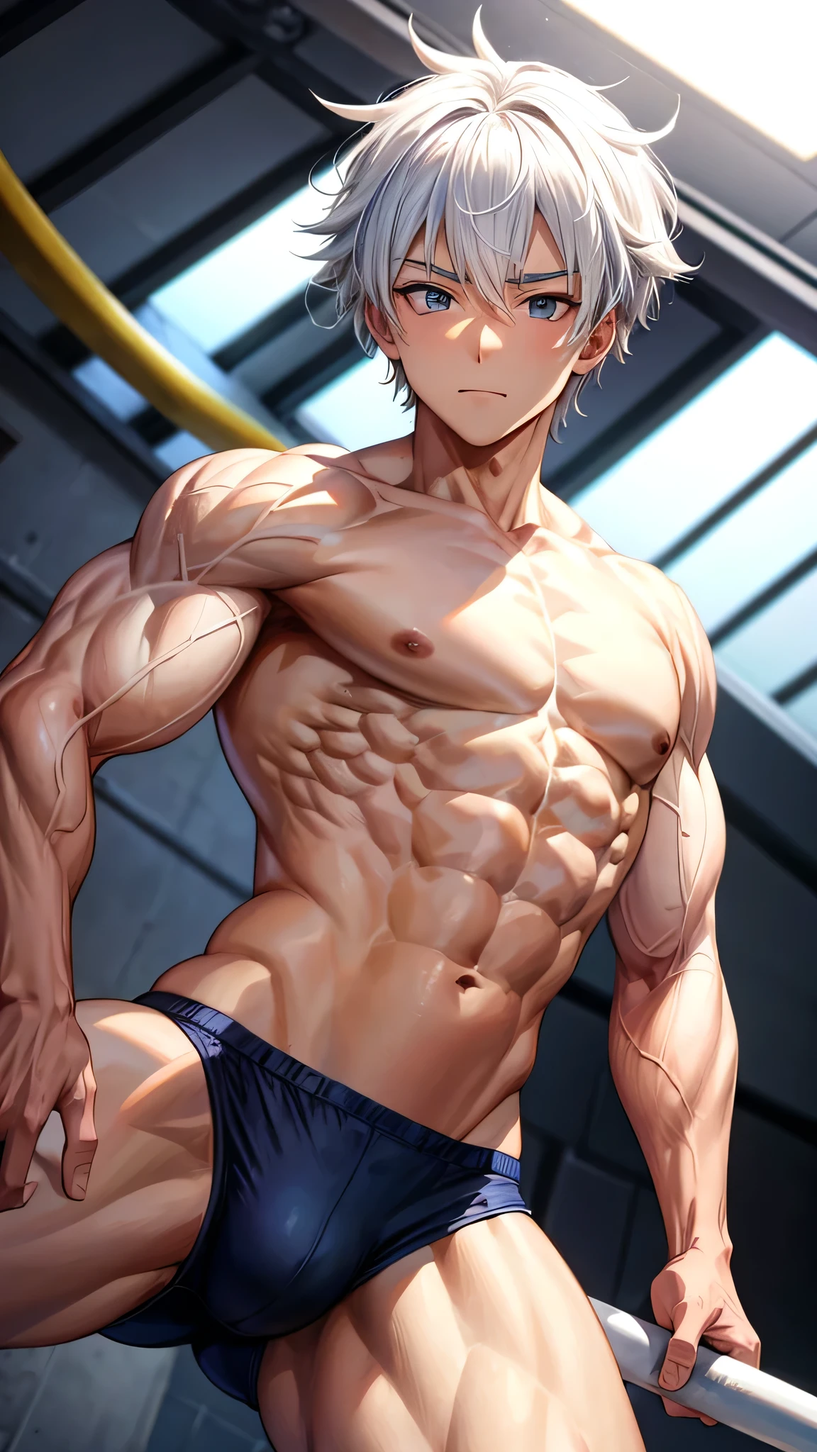 Anime guy gymnast Muscular With white hair