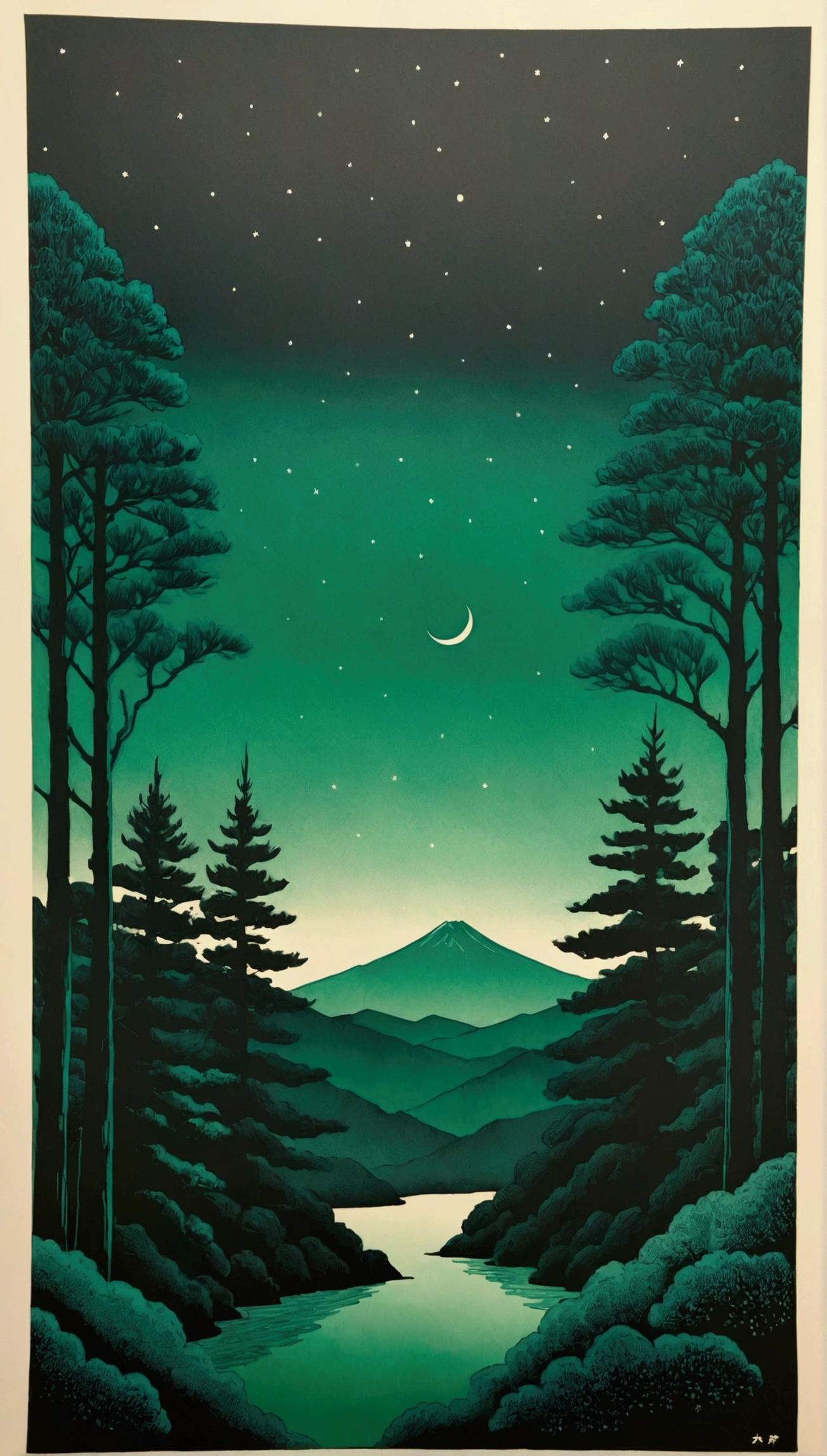 risograph, Hokusai, dark green, conifer forests, night, distant horizon minimalism