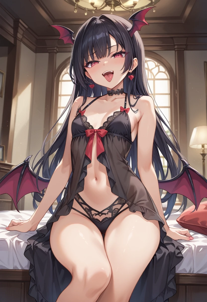 Score_9, score_8_up, 4k, 8k, detailed face, source_anime, smug demon girl with small breasts, pretty girl, thick thighs, black hair, long hair, (butakoma 300g), demon wings, black outfit, black babydoll, see-through outfit, inside hell, tongue, moaning, open mouth, dark skin