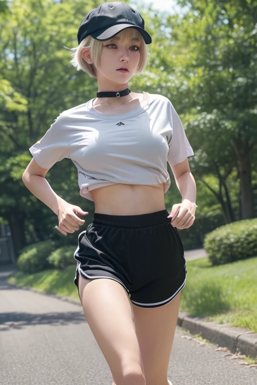 (Highest quality, 4K, 8k, High resolution, masterpiece:1.2), Very detailed, (Realistic, photoRealistic, photo-Realistic:1.37),Bedroom、Japanese、Big Breasts,(Black choker),(Dull blonde pixie cut)、Girl jogging、Jogger Cap、Shorts,(Shirt color:Random),(Cap Color:Random),(Pants color:Random)