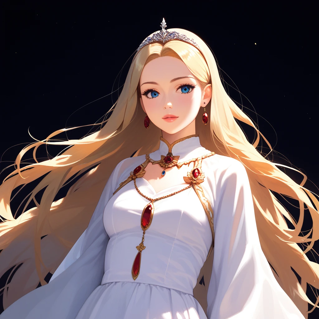 score_9, score_8_up, score_7_up, score_6_up, score_5_up, score_4_up, A blonde girl standing, royal clothes, anime painting, no tiara, loose long hair, black background, dramatic diagonal lighting, painterly, realistic painting, soft feature, detailed clothes, detailed, rembrandt lighting, artwork of upper body
