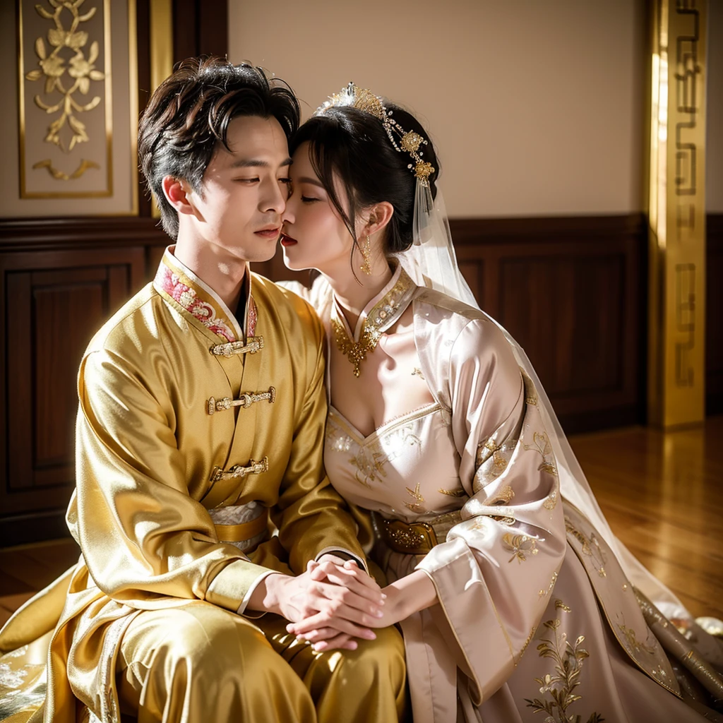 ((Highest quality)), ((masterpiece)), (detailed), （Perfect Face）、The woman is wearing a gorgeous, glittering Hanfu with gold embroidery and trim, and an engagement ring.、The woman and the middle-aged Chinese man embrace each other, kiss each other in vows, and are happily married at a luxurious Chinese wedding venue.