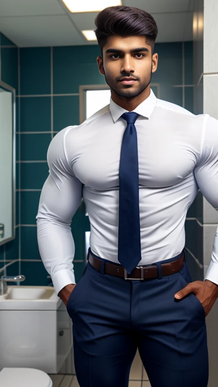 18 years old indian school boy with small beard mascular dark skin jaat with spiky hairstyle in , head to thighs, indian school boy, beautiful eyes, large lips, volumeric light, wearing opened white shirt with Tommy Hilfiger underwear with navy tie , huge bulge, muscular chest, long legs, Wide shoulders, nice detailed hands, standing and doing pee in school toilet with spread legs toilet background, sunny day, daylight, His perfect( big huge bulge) is (coming out) of his pant,masterpieces