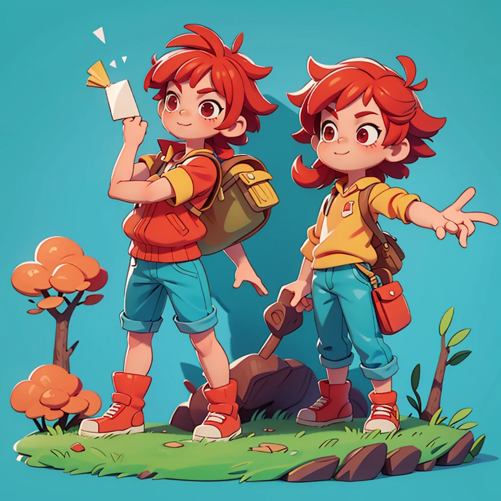 Character design illustration of a boy with red hair, age 5 years, wue likes geography school material, He has the personality of an explorer and his dream is to be an archaeologist