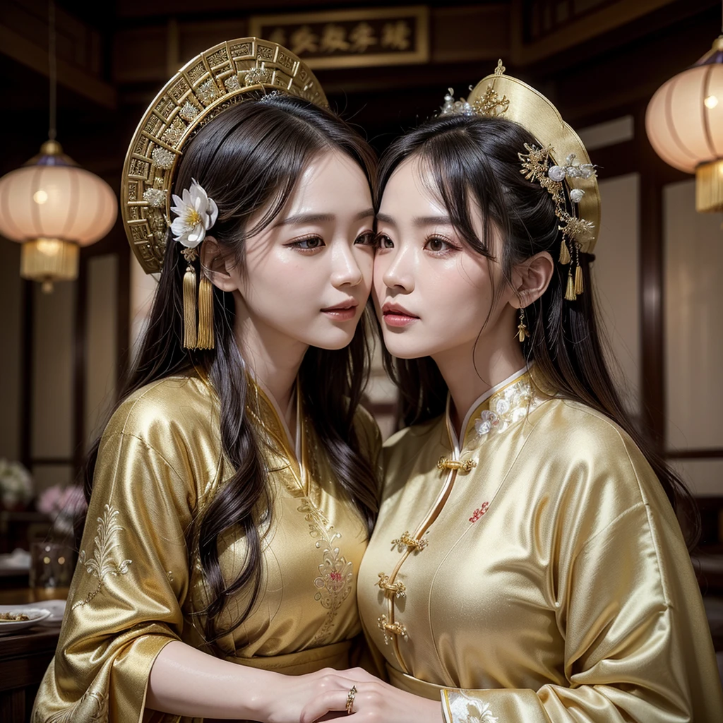 ((Highest quality)), ((masterpiece)), (detailed), (Perfect Face)、The woman is wearing a gorgeous, glittering Hanfu with gold embroidery and trim, and an engagement ring.、The woman and the middle-aged Chinese man embrace each other, kiss each other in vows, and are happily married at a luxurious Chinese wedding venue.