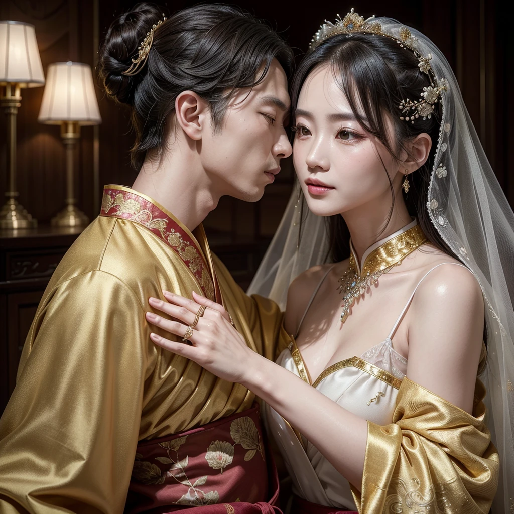 ((Highest quality)), ((masterpiece)), (detailed), (Perfect Face)、The woman is wearing a gorgeous, glittering Hanfu with gold embroidery and trim, and an engagement ring.、The woman and the middle-aged Chinese man embrace each other, kiss each other in vows, and are happily married at a luxurious Chinese wedding venue.