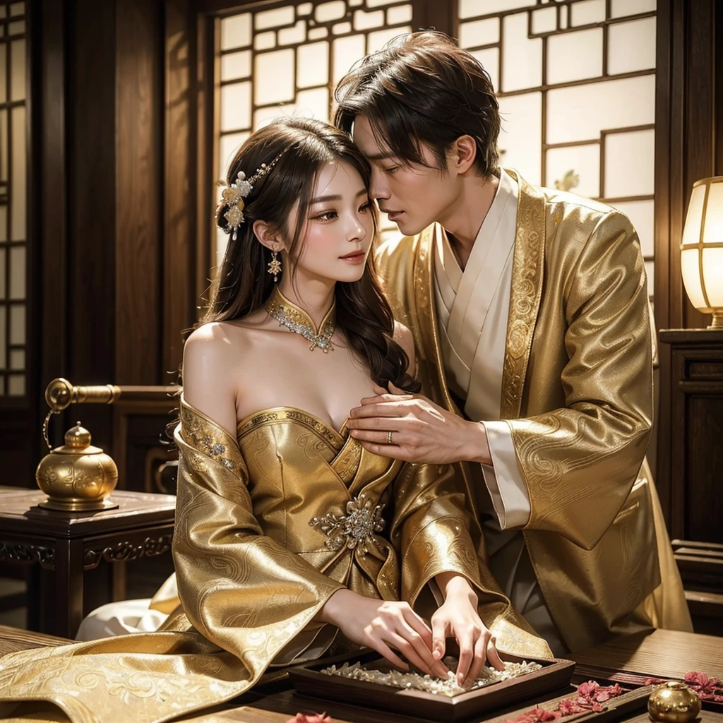 ((Highest quality)), ((masterpiece)), (detailed), （Perfect Face）、The woman is wearing a gorgeous, glittering Hanfu with gold embroidery and trim, and an engagement ring.、The woman and the middle-aged Chinese man embrace each other, kiss each other in vows, and are happily married at a luxurious Chinese wedding venue.