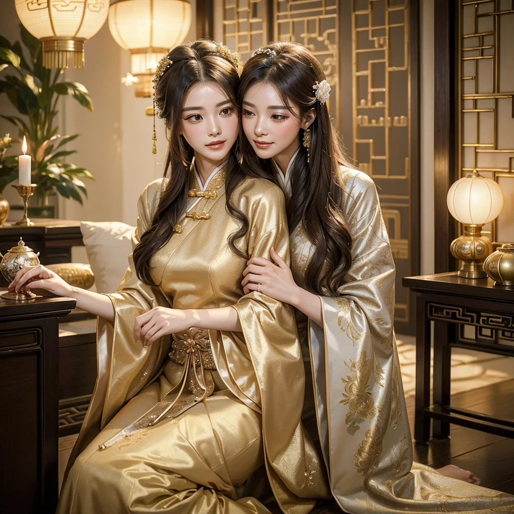 ((Highest quality)), ((masterpiece)), (detailed), (Perfect Face)、The woman is wearing a gorgeous, glittering Hanfu with gold embroidery and trim, and an engagement ring.、The woman and the middle-aged Chinese man embrace each other, kiss each other in vows, and are happily married at a luxurious Chinese wedding venue.