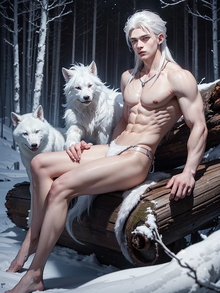 A muscular 18-year-old boy with white skin, shoulder-length white hair, glowing red eyes, wearing a white werewolf suit with steel accents, nordic tattoos on his body, sitting on a log next to his white snow wolf in a forest lit by a campfire with stones