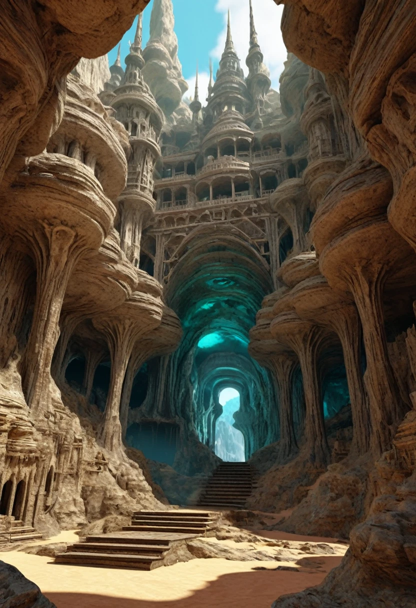 there are many inverted cavities (different rooms, united by mandelbulb projections that form passages) in the middle of an underground canyon that forms a mandelbulb mud village at different heights with many balconies and stalactites and stalactites, fantasy architecture, Highly detailed 4K digital art, beautiful detailed fantasy, stunning fantasy landscape, detailed fantasy digital art, arstation and high beep, fantasy style 8k octane rendering, stuning fantasy 3d rendering, Detailed fantasy in 4K, fantasy 3d rendering, 3D rendering beep, deep and massive desert landscape, stalacmite cave labyrinth type very confusing geonosis bubbes