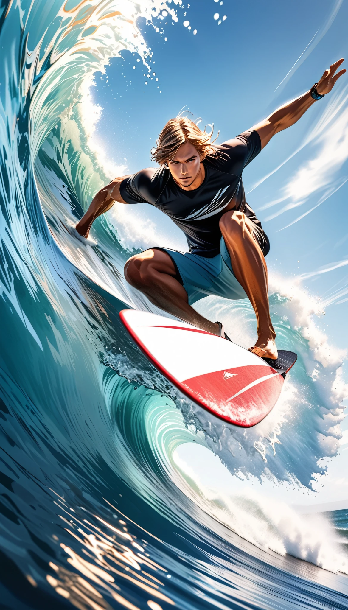 A surfer riding a massive wave, extremely detailed and photorealistic, dynamic sport action, crystal clear ocean water, high contrast full color painting, elaborate sketch-like lines, hyper realistic, ray traced, challenging aesthetic presentation, dynamic motion, dramatic composition, viewer captivating effects, refreshing and breezy atmosphere, alluring surfer, dramatic close-up perspective, high resolution photography, exquisite fine details