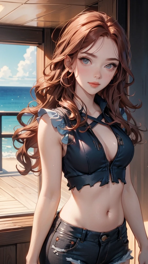very detailed background, mesa, Best Quality, 1 woman, Alone, ((mesa, Best Quality)),better aesthetics, eye shadows, Wavy Red Hair, Brown eyes, loose hair , smile, by the wide, Curly hair, looking at the viewer, medium , Brown hair, ripped red top, ripped shorts