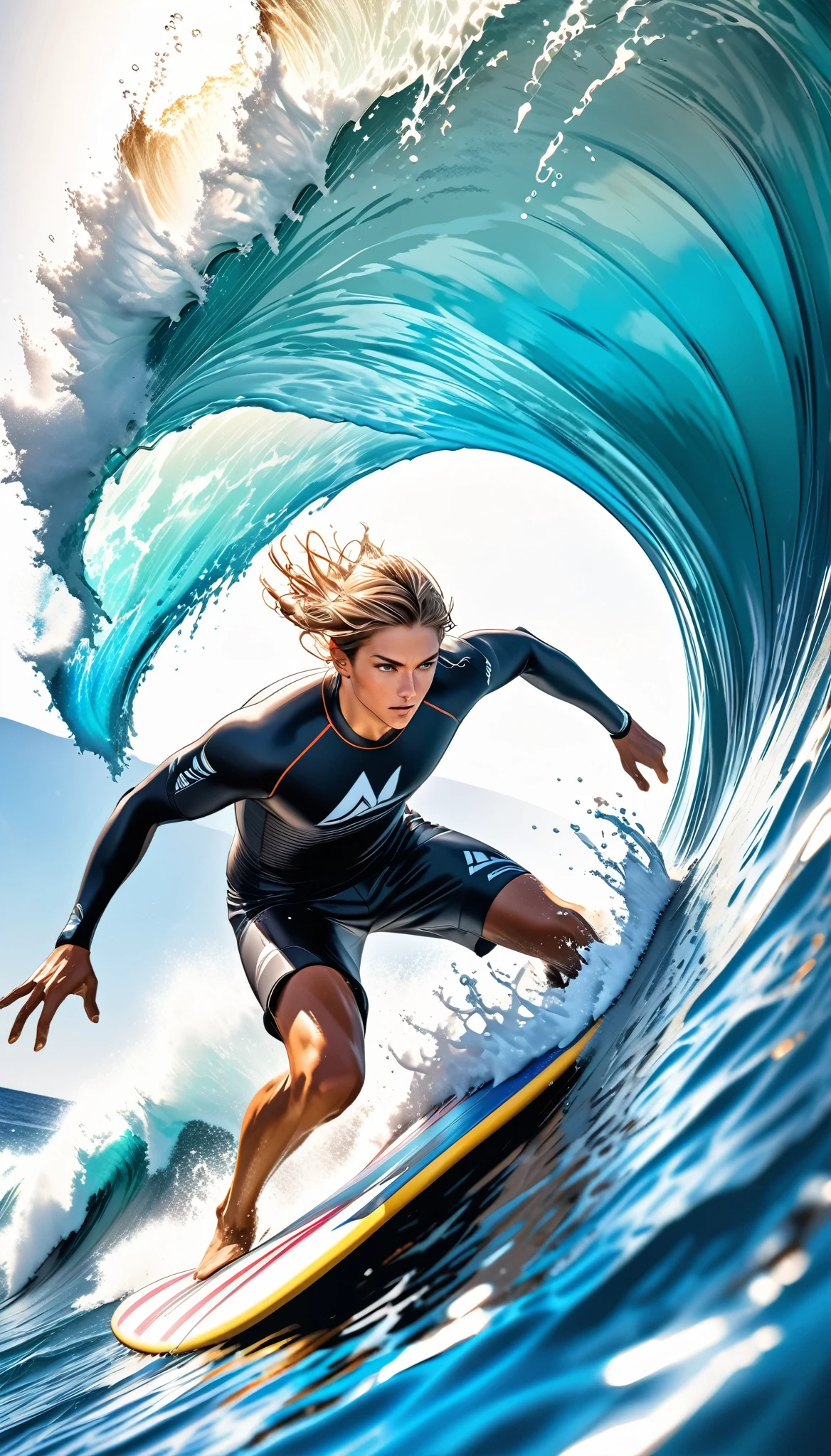 A surfer riding a massive wave, extremely detailed and photorealistic, dynamic sport action, crystal clear ocean water, high contrast full color painting, elaborate sketch-like lines, hyper realistic, ray traced, challenging aesthetic presentation, dynamic motion, dramatic composition, viewer captivating effects, refreshing and breezy atmosphere, alluring surfer, dramatic close-up perspective, high resolution photography, exquisite fine details