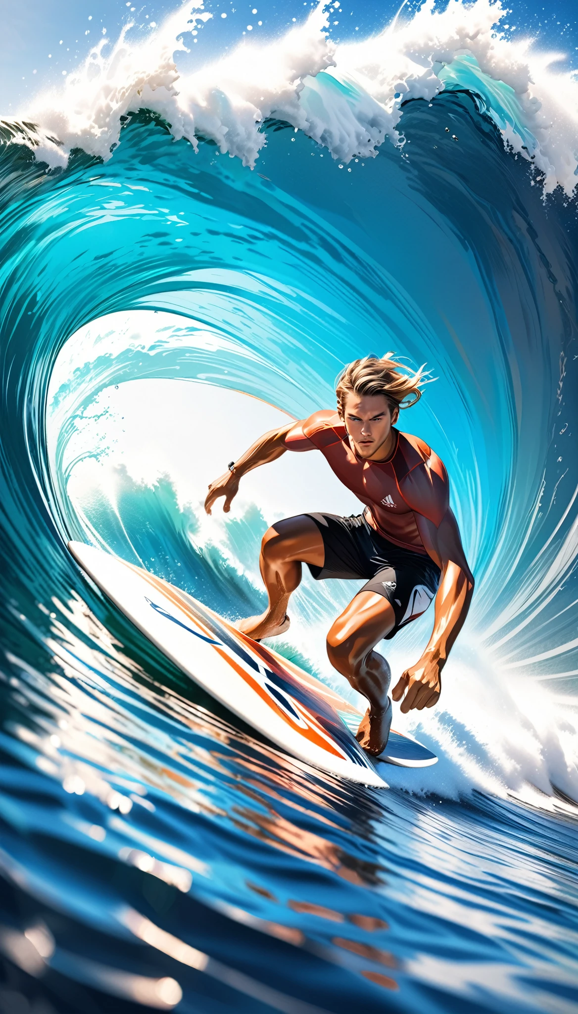 A surfer riding a massive wave, extremely detailed and photorealistic, dynamic sport action, crystal clear ocean water, high contrast full color painting, elaborate sketch-like lines, hyper realistic, ray traced, challenging aesthetic presentation, dynamic motion, dramatic composition, viewer captivating effects, refreshing and breezy atmosphere, alluring surfer, dramatic close-up perspective, high resolution photography, exquisite fine details