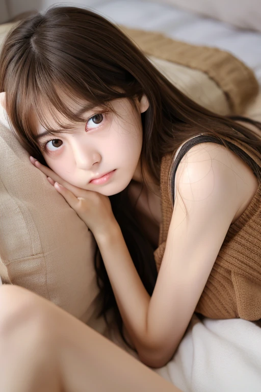(Highly realistic photos, High resolution, Detailed face, Detailed eyes) Skinny Japanese junior high school girl, Cute Face, alone:1, Thin body type, Completely naked, Waist up photo、Eyelids half open、Mouth slightly open、Lifting his head slightly、exhausted look、On the bed、Sweating、Full body angle、With legs apart、Brown Color Hair、