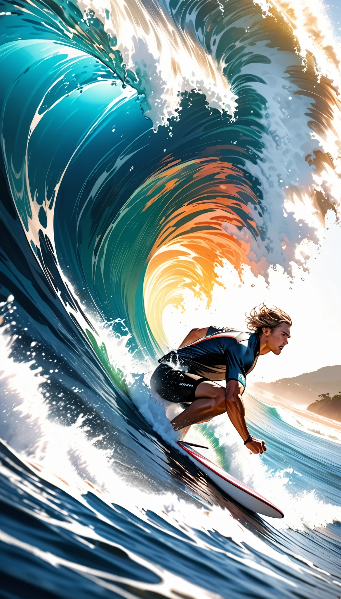 A surfer riding a massive wave, extremely detailed and photorealistic, dynamic sport action, crystal clear ocean water, high contrast full color painting, elaborate sketch-like lines, hyper realistic, ray traced, challenging aesthetic presentation, dynamic motion, dramatic composition, viewer captivating effects, refreshing and breezy atmosphere, alluring surfer, dramatic close-up perspective, high resolution photography, exquisite fine details