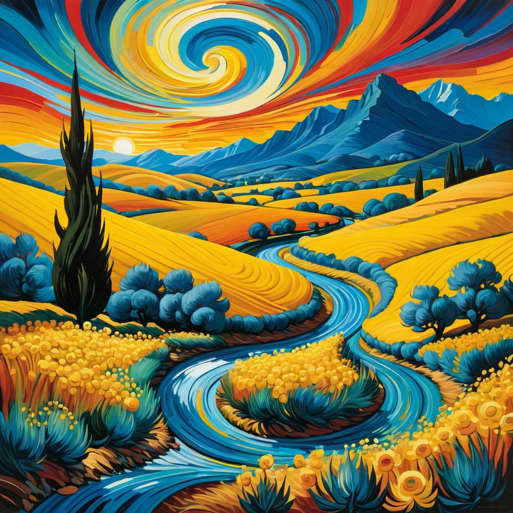 Art by James R. ears, Swirling, flowing lines define vivid landscapes and skies, taking inspiration from Van Gogh&#39;s Starry Night. each piece appears like a vision or dream with psychedelic colors and a sense of movement that suggests a connection to the spiritual or metaphysical world. the style is heavily influenced by the natural world and uses bright, contrasting colors to add depth and emotion. by Satori Canton