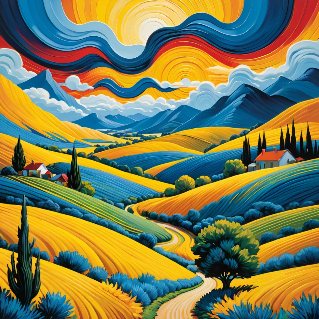 Art by James R. ears, Swirling, flowing lines define vivid landscapes and skies, taking inspiration from Van Gogh&#39;s Starry Night. each piece appears like a vision or dream with psychedelic colors and a sense of movement that suggests a connection to the spiritual or metaphysical world. the style is heavily influenced by the natural world and uses bright, contrasting colors to add depth and emotion. by Satori Canton