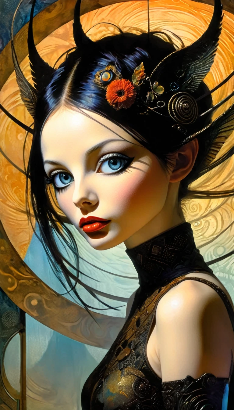 futuristic world: 1.5, surrealism, impressionism, (best quality,4k,8k,highres,masterpiece:1.2),ultra-detailed,(realistic,photorealistic,photo-realistic:1.37),intricate details,vivid colors,sharp focus,professional,Dave McKean artwork, oil touch of surrealism,oil painting style,portrait,woman,beautiful detailed eyes,beautiful detailed lips,dreamlike atmosphere,shadow play,soft lighting,playful pose,dark hues,ethereal background,fantasy elements,texture,layered composition.

