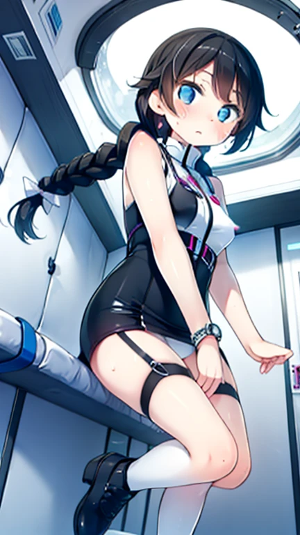 (Highest quality), (masterpiece), 1080P, High resolution, 4K, 8k, Inside the space station、Futuristic room、Thigh straps, Shooting from directly below, The woman on top of me, Nipples, 白いSweat, Covered , Sweat, Woman looking down, Skirt swimsuit, Thigh-high socks, To achieve this, , , whole body, Black leather shoes, Braided hair, Inner Color, Embarrassed face, Short black hair, bracelet, Bedroom,celestial body_Vest