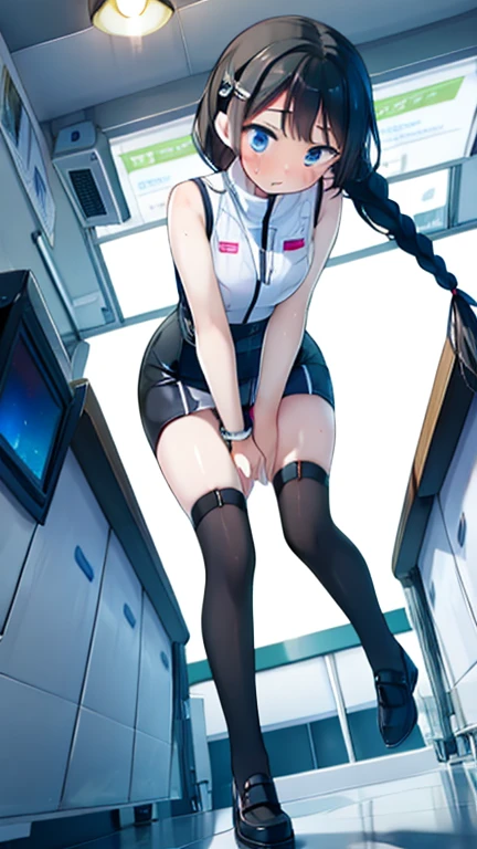(Highest quality), (masterpiece), 1080P, High resolution, 4K, 8k, Inside the space station、Futuristic room、Thigh straps, Shooting from directly below, The woman on top of me, Nipples, 白いSweat, Covered , Sweat, Woman looking down, Skirt swimsuit, Thigh-high socks, To achieve this, 16 years old, , whole body, Black leather shoes, Braided hair, Inner Color, Embarrassed face, Short black hair, bracelet, Bedroom,celestial body_Vest
