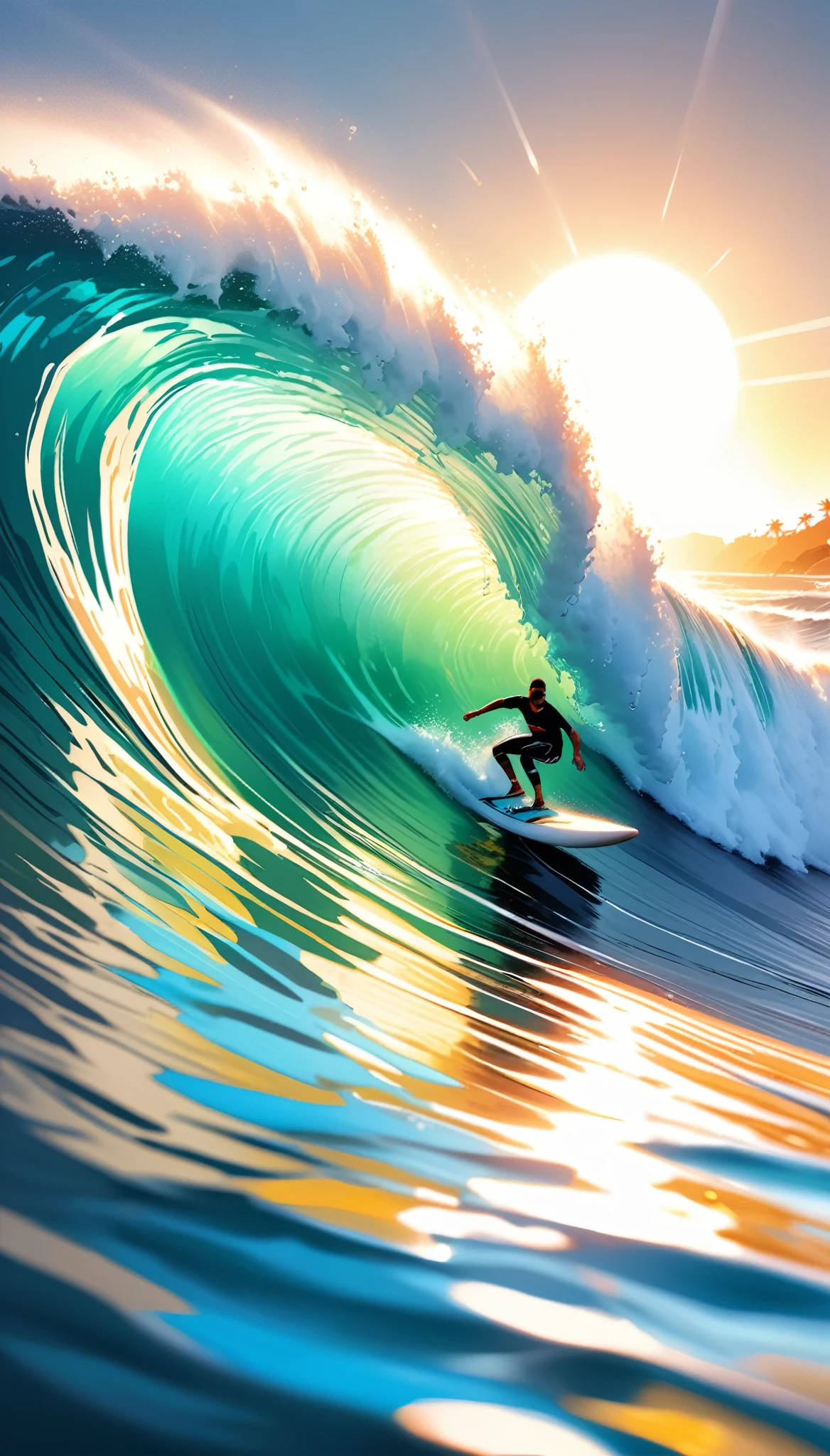 A surfer riding a massive wave, extremely detailed and photorealistic, dynamic sport action, crystal clear ocean water, high contrast full color painting, elaborate sketch-like lines, hyper realistic, ray traced, challenging aesthetic presentation, dynamic motion, dramatic composition, viewer captivating effects, refreshing and breezy atmosphere, alluring surfer, dramatic close-up perspective, high resolution photography, exquisite fine details