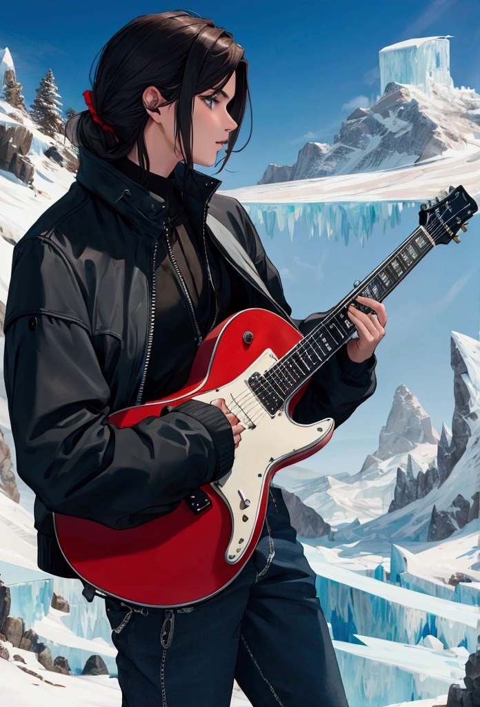 Italian guitarist playing guitar on top of an ice mountain