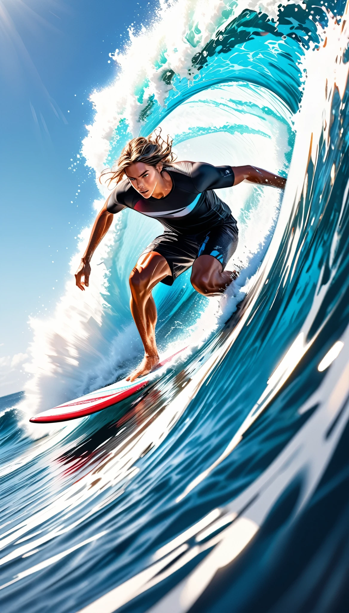 A surfer riding a massive wave, extremely detailed and photorealistic, dynamic sport action, crystal clear ocean water, high contrast full color painting, elaborate sketch-like lines, hyper realistic, ray traced, challenging aesthetic presentation, dynamic motion, dramatic composition, viewer captivating effects, refreshing and breezy atmosphere, alluring surfer, dramatic close-up perspective, high resolution photography, exquisite fine details