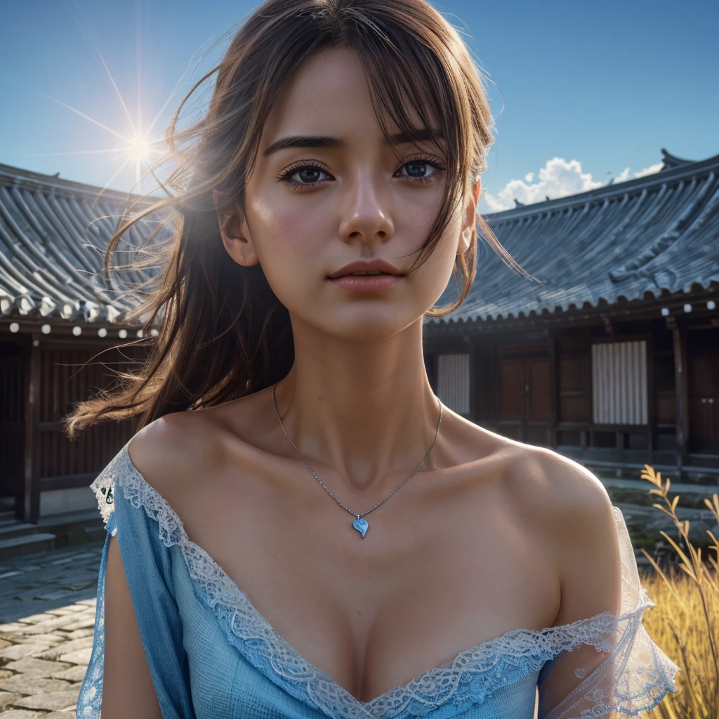 (Cinematic Digital Artwork: 1.3), High Quality, Masterpiece, Top Quality, Super Detail, Illustration, [4K Digital Art]!!、 Kyoto Animation Style, One Woman, Clavicle Beauty, Clavicle, Light, Hope, Blue Sky, Positive, Challenge, Motivation, Brilliance, Dynamic Perspective