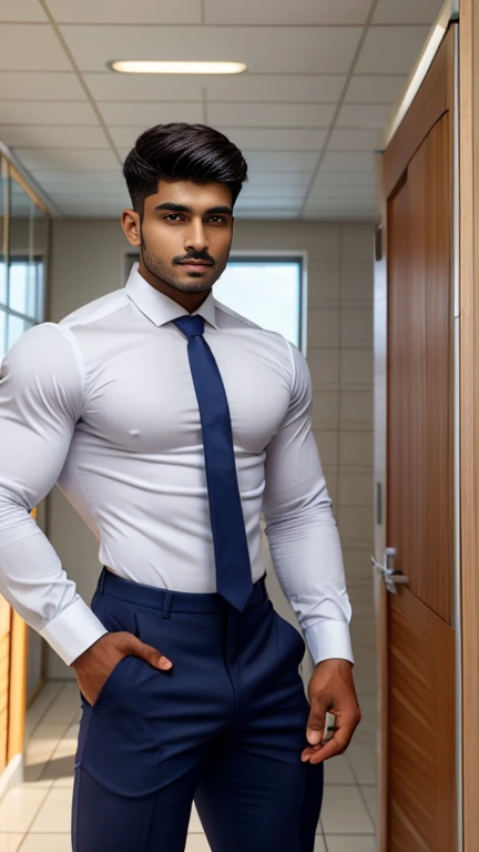 18 years old indian school boy with small beard mascular dark skin jaat with spiky hairstyle in , head to thighs, indian school boy, beautiful eyes, large lips, volumeric light, wearing opened white shirt with Tommy Hilfiger underwear with navy tie , huge bulge, muscular chest, long legs, Wide shoulders, nice detailed hands, standing and doing pee in school toilet with spread legs toilet background, sunny day, daylight, His perfect( big huge ?????) is (coming out) of his pant,masterpieces