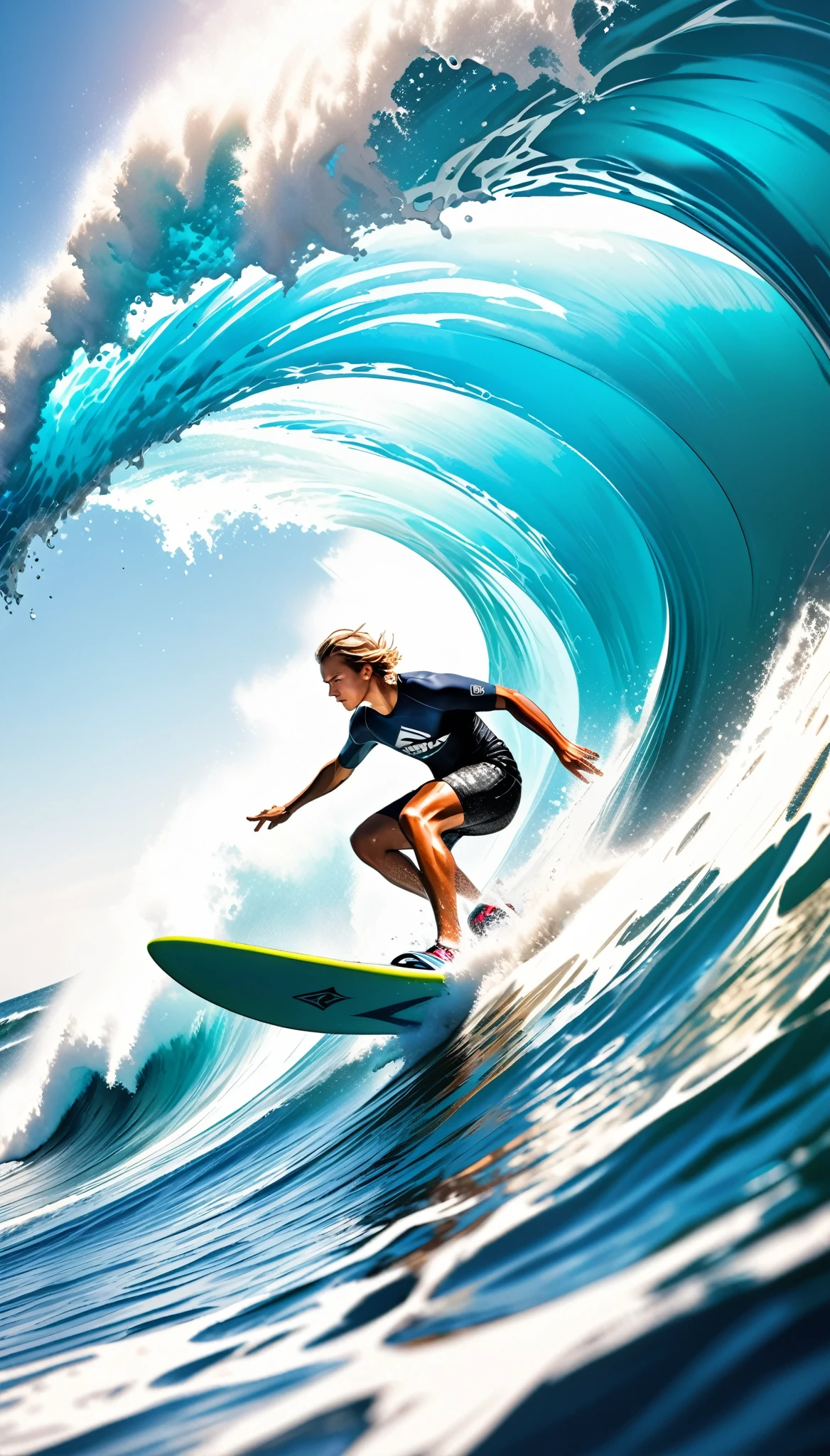 A surfer riding a massive wave, extremely detailed and photorealistic, dynamic sport action, crystal clear ocean water, high contrast full color painting, elaborate sketch-like lines, hyper realistic, ray traced, challenging aesthetic presentation, dynamic motion, dramatic composition, viewer captivating effects, refreshing and breezy atmosphere, alluring surfer, dramatic close-up perspective, high resolution photography, exquisite fine details