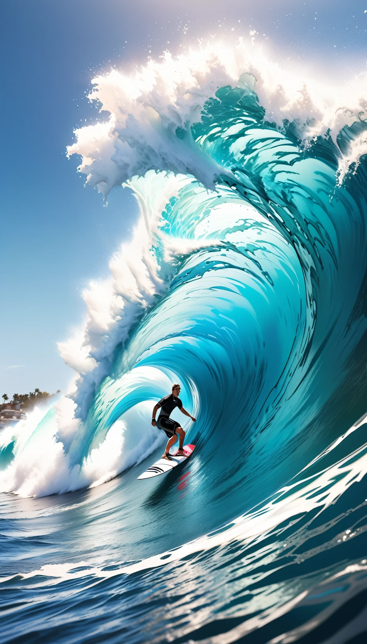 A surfer riding a massive wave, extremely detailed and photorealistic, dynamic sport action, crystal clear ocean water, high contrast full color painting, elaborate sketch-like lines, hyper realistic, ray traced, challenging aesthetic presentation, dynamic motion, dramatic composition, viewer captivating effects, refreshing and breezy atmosphere, alluring surfer, dramatic close-up perspective, high resolution photography, exquisite fine details