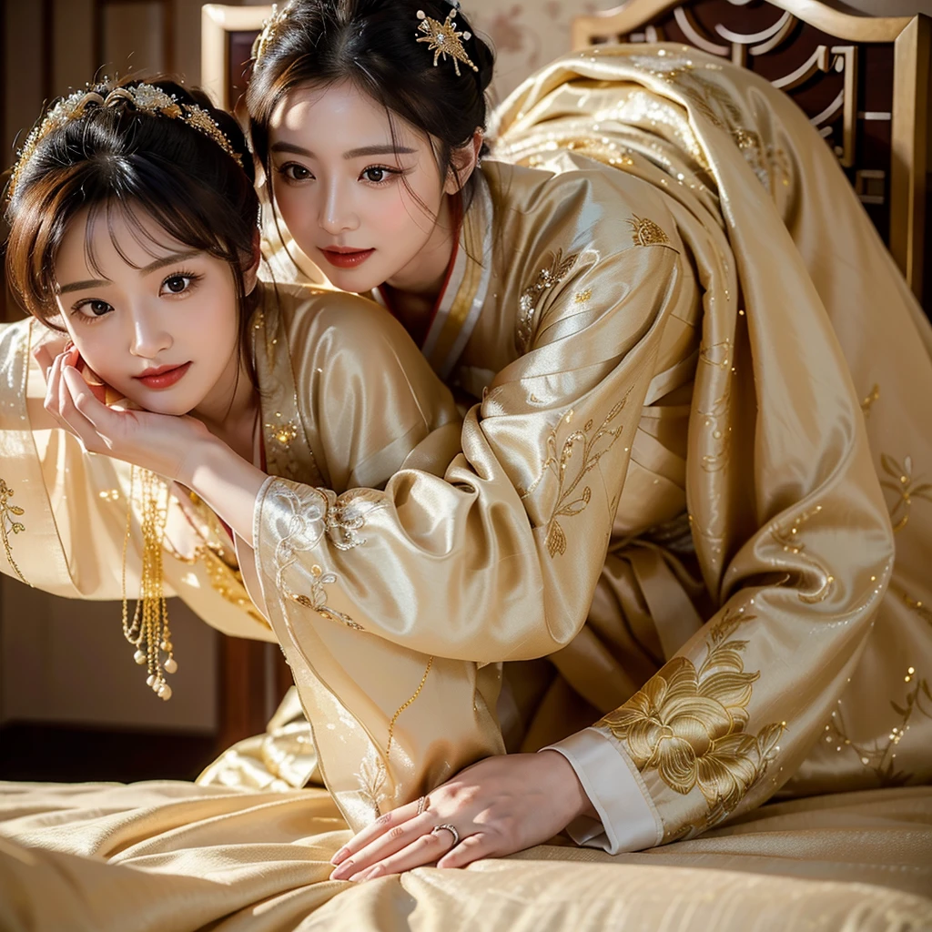 ((Highest quality)), ((masterpiece)), (detailed), （Perfect Face）、The woman is wearing a gorgeous, glittering Hanfu with gold embroidery and trim, and an engagement ring.、On a luxurious bed, a woman embraces a middle-aged Chinese man and has sex with him, making love.