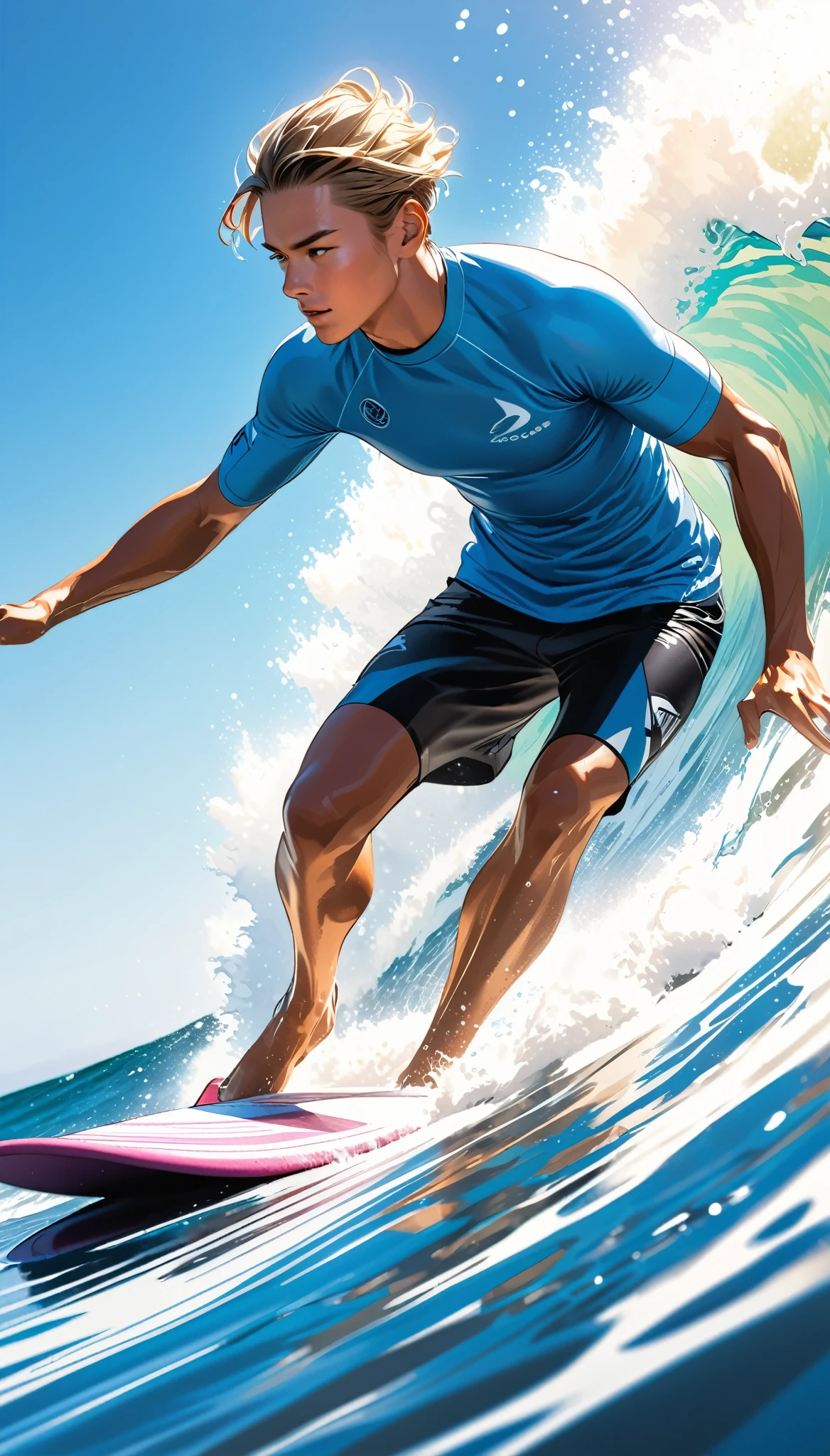 surfing, Sketching delicate and sharp lines, High contrast full color painting, ultra-realistic, Ray Tracing, BREAK Aesthetic surfing, Dynamic sports action, 