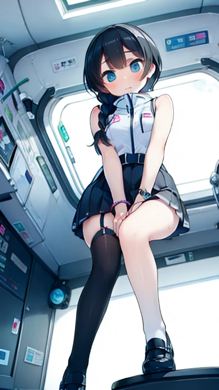 (Highest quality), (masterpiece), 1080P, High resolution, 4K, 8k, Inside the space station、Futuristic room、Thigh straps, Shooting from directly below, The woman on top of me, Nipples, 白いSweat, Covered , Sweat, Woman looking down, Skirt swimsuit, Thigh-high socks, To achieve this, 16 years old, , whole body, Black leather shoes, Braided hair, Inner Color, Embarrassed face, Short black hair, bracelet, Bedroom,celestial body_Vest