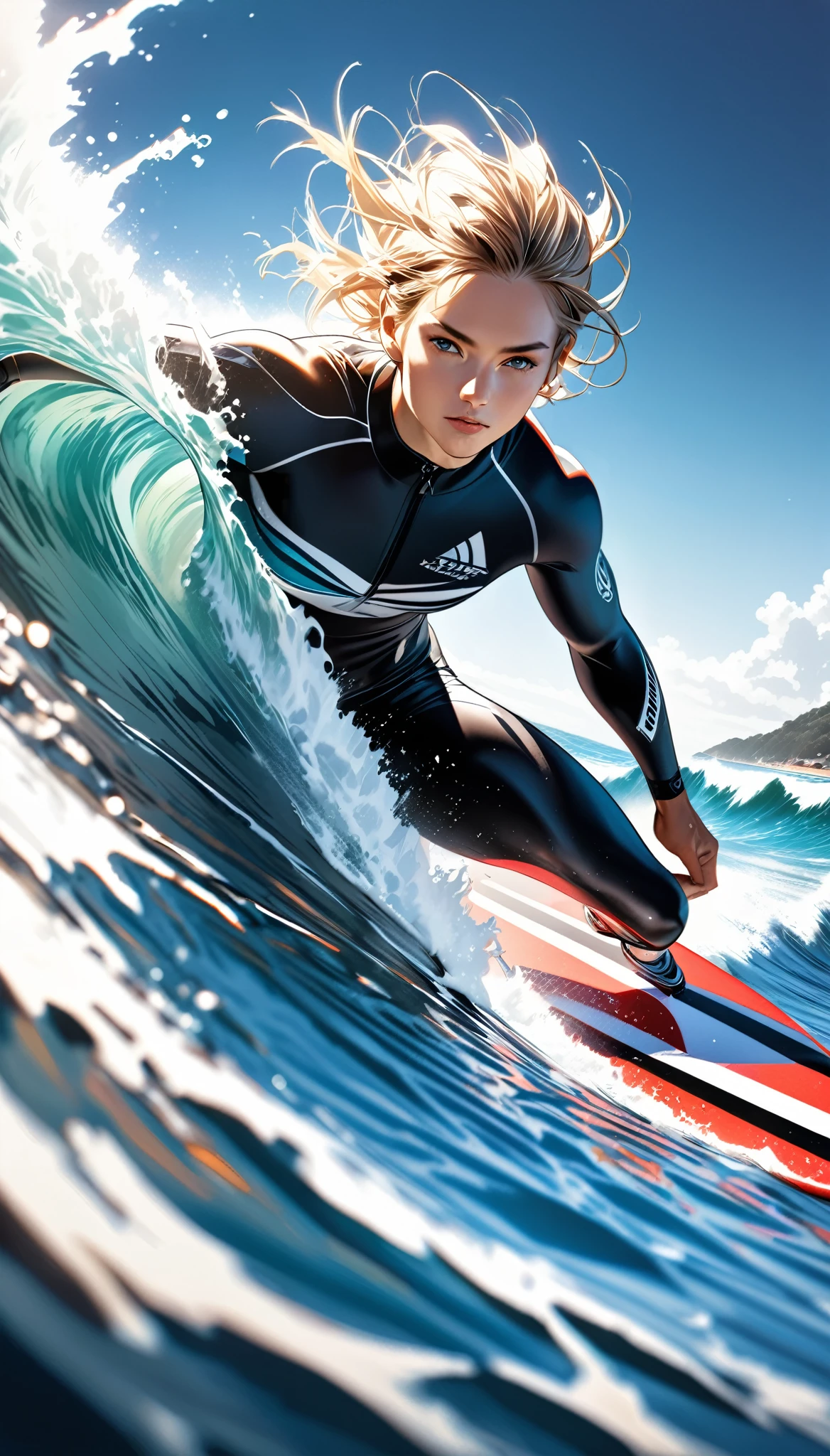 A surfer riding a massive wave, extremely detailed and photorealistic, dynamic sport action, crystal clear ocean water, high contrast full color painting, elaborate sketch-like lines, hyper realistic, ray traced, challenging aesthetic presentation, dynamic motion, dramatic composition, viewer captivating effects, refreshing and breezy atmosphere, alluring surfer, dramatic close-up perspective, high resolution photography, exquisite fine details