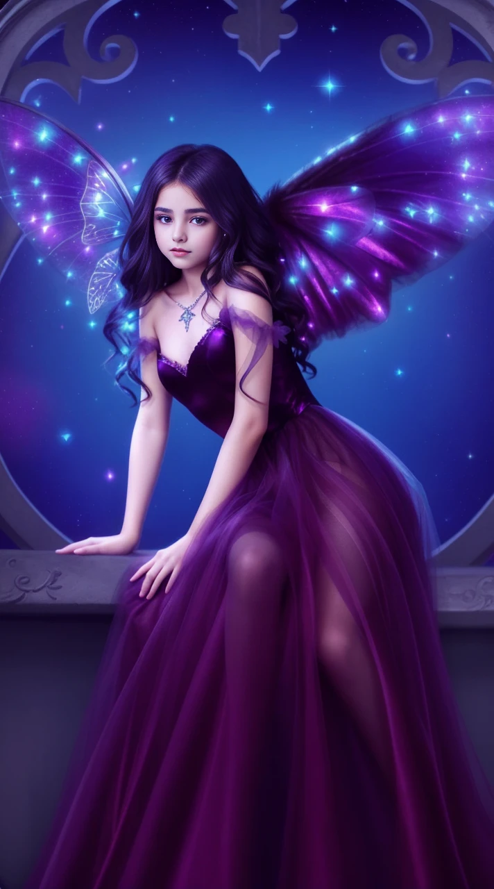 a gorgeous 12 year-old girl wearing a purple tulle dress with fairy wings, dark fairy, beautiful fairy girl, sitting down, sensually alluring girl, mesmerizing fantasy render, extremely detailed, 4k, perfect face