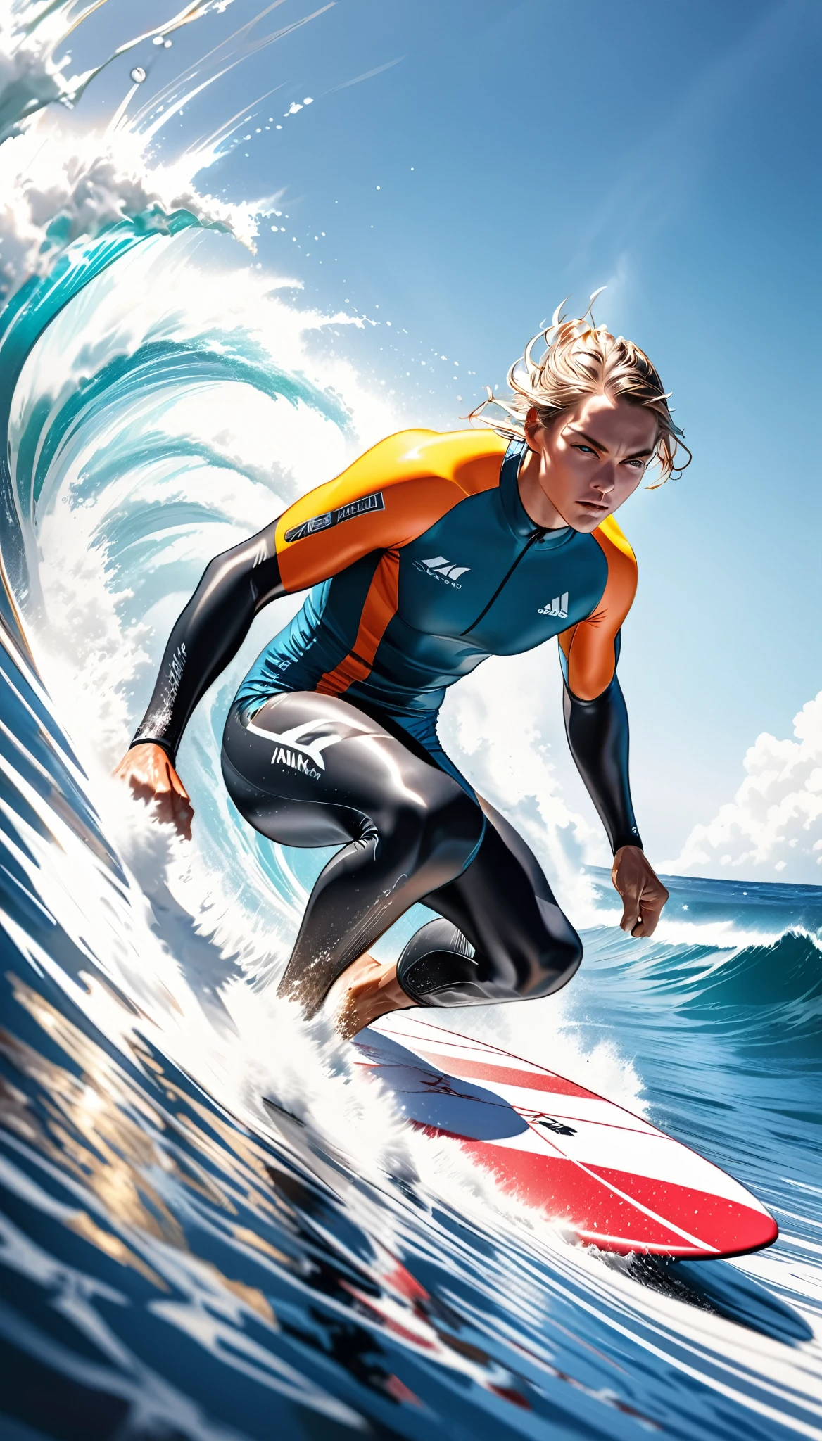 A surfer riding a massive wave, extremely detailed and photorealistic, dynamic sport action, crystal clear ocean water, high contrast full color painting, elaborate sketch-like lines, hyper realistic, ray traced, challenging aesthetic presentation, dynamic motion, dramatic composition, viewer captivating effects, refreshing and breezy atmosphere, alluring surfer, dramatic close-up perspective, high resolution photography, exquisite fine details