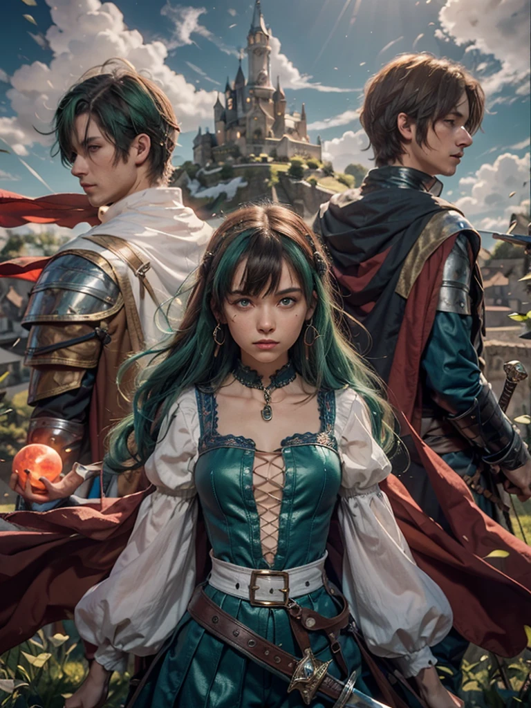 ((3 men, medieval world) :2). ((Red-haired woman with blue eyes, white shirt, blue skirt, sword in hand. Brunette man with dark blue eyes, villager outfit and holds glowing white sphere. green hair man, jumpsuit and holds bright blue sphere):1.5). ((Red eyes with fluctuating energies, in a medieval town setting):1.5) . Extremely detaild, 8k, HDR, natural light, cinematic lighting, masterpiece-anatomy-perfect, ultra HD, RAW photo, professional, ultra-fine painting, perfect body proportions, anatomically correct, uhd, real texture material, Anti-Aliasing, FKAA, TXAA, SSAO, Post Processing, Post Production, Tone Mapping, CGI, VFX, SFX, hyper maximalist, Volumetric, ultra photorealultra-detailed intricate details.