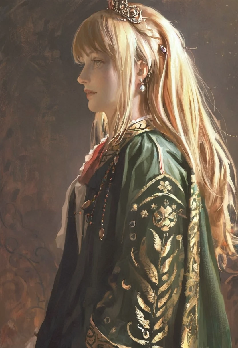 score_9, score_8_up, score_7_up, score_6_up, score_5_up, score_4_up, fkey70, A blonde girl standing, hyperrealistic anime painting, royal clothes, anime painting, no tiara, loose long hair, black background, dramatic diagonal lighting, painterly, realistic painting, soft feature, detailed clothes, detailed, rembrandt lighting, artwork of upper body