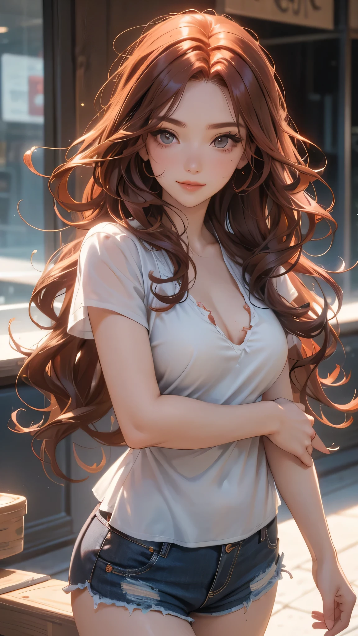 very detailed background, mesa, Best Quality, 1 woman, Alone, ((mesa, Best Quality)),better aesthetics, eye shadows, Wavy Red Hair, Brown eyes, loose hair , smile, by the wide, Curly hair, looking at the viewer, medium breasts, Brown hair, ripped red top, ripped shorts